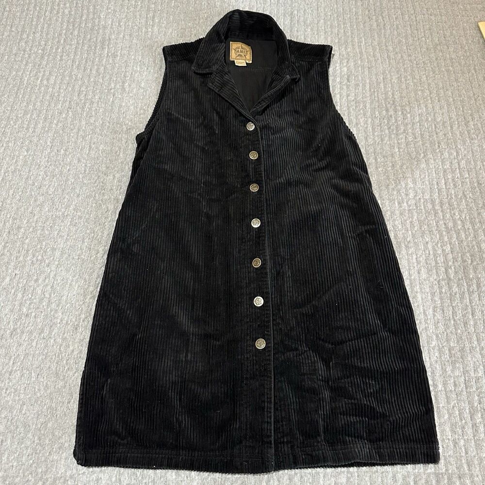 AMI 100% Cotton Corduroy Vintage Western Shift Dress Sleeveless Black Boho M
